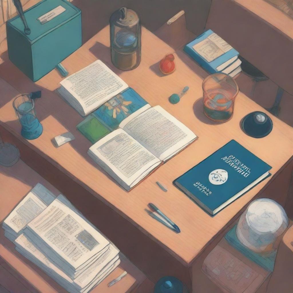 An anime style study desk viewed from above, featuring a few hardcover books along with evident study supplies