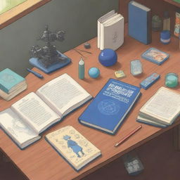 An anime style study desk viewed from above, featuring a few hardcover books along with evident study supplies