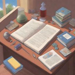 An anime style study desk viewed from above, featuring a few hardcover books along with evident study supplies