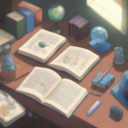 An anime style study desk viewed from above, featuring a few hardcover books along with evident study supplies