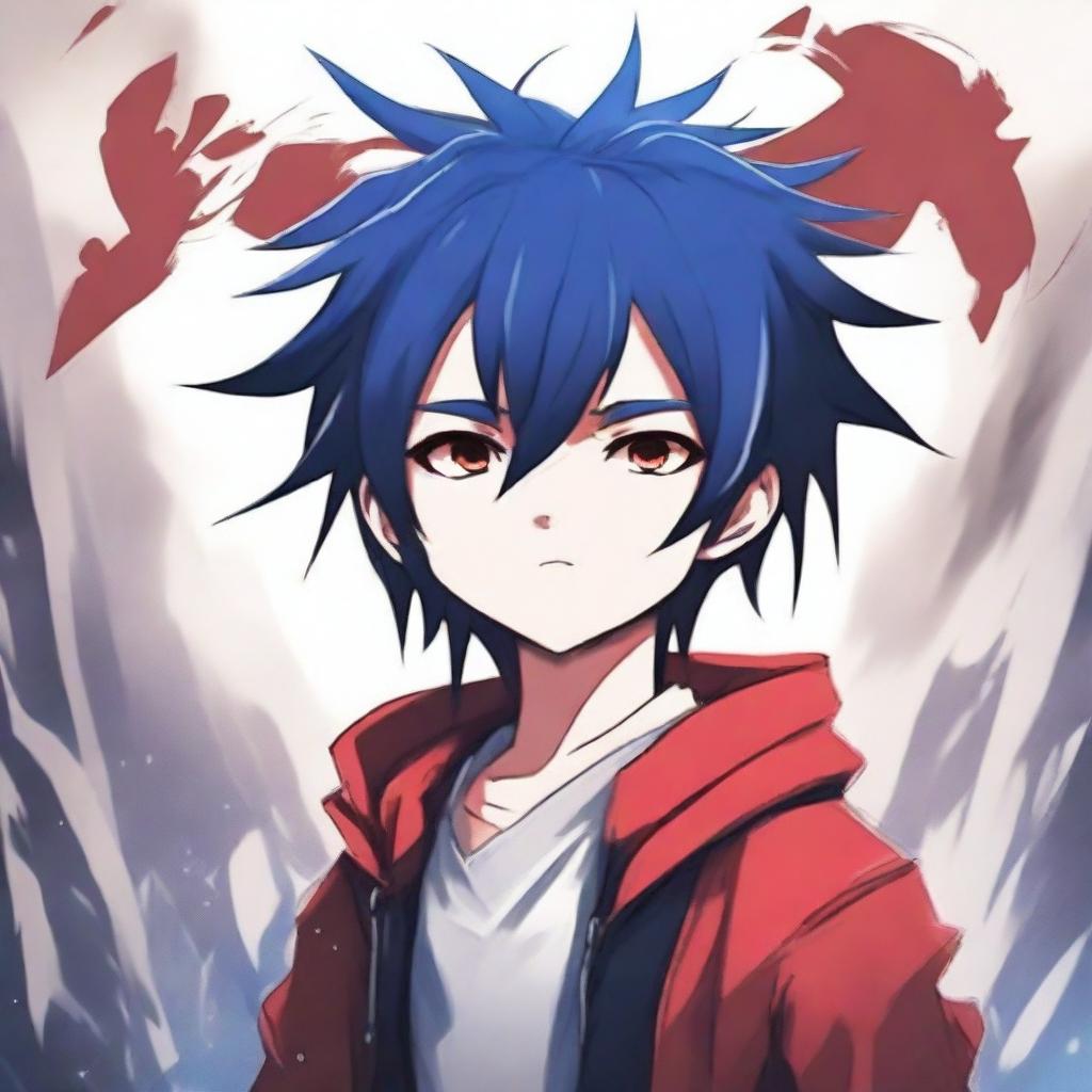 Create a fantastic anime book cover featuring a little boy with dark blue hair and crimson eyes