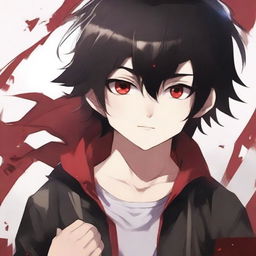 Create a fantastic anime book cover featuring a little boy with black hair and crimson eyes