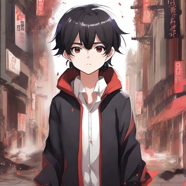 Create a fantastic anime book cover featuring a little boy with black hair and crimson eyes