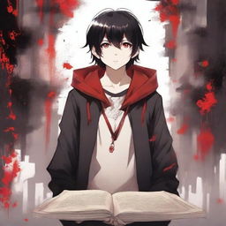 Create a fantastic anime book cover featuring a little boy with black hair and crimson eyes