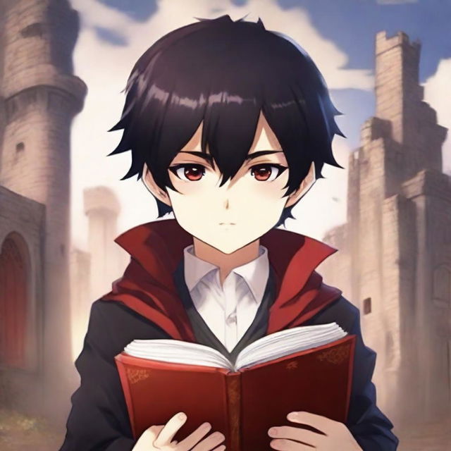 Create a fantastic anime book cover featuring a little boy with black hair and crimson eyes