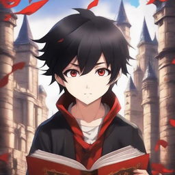 Create a fantastic anime book cover featuring a little boy with black hair and crimson eyes