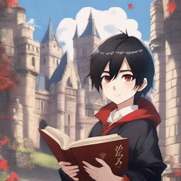 Create a fantastic anime book cover featuring a little boy with black hair and crimson eyes