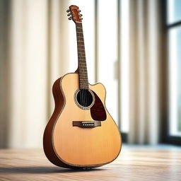 A detailed and realistic image of a classic guitar, showcasing its wooden body, strings, and intricate design