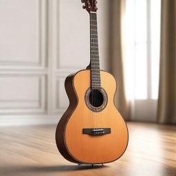 A detailed and realistic image of a classic guitar, showcasing its wooden body, strings, and intricate design