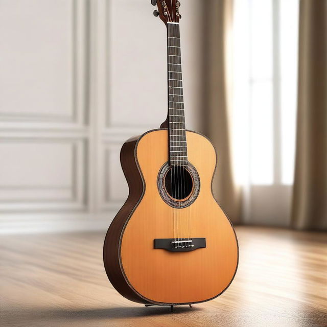 A detailed and realistic image of a classic guitar, showcasing its wooden body, strings, and intricate design