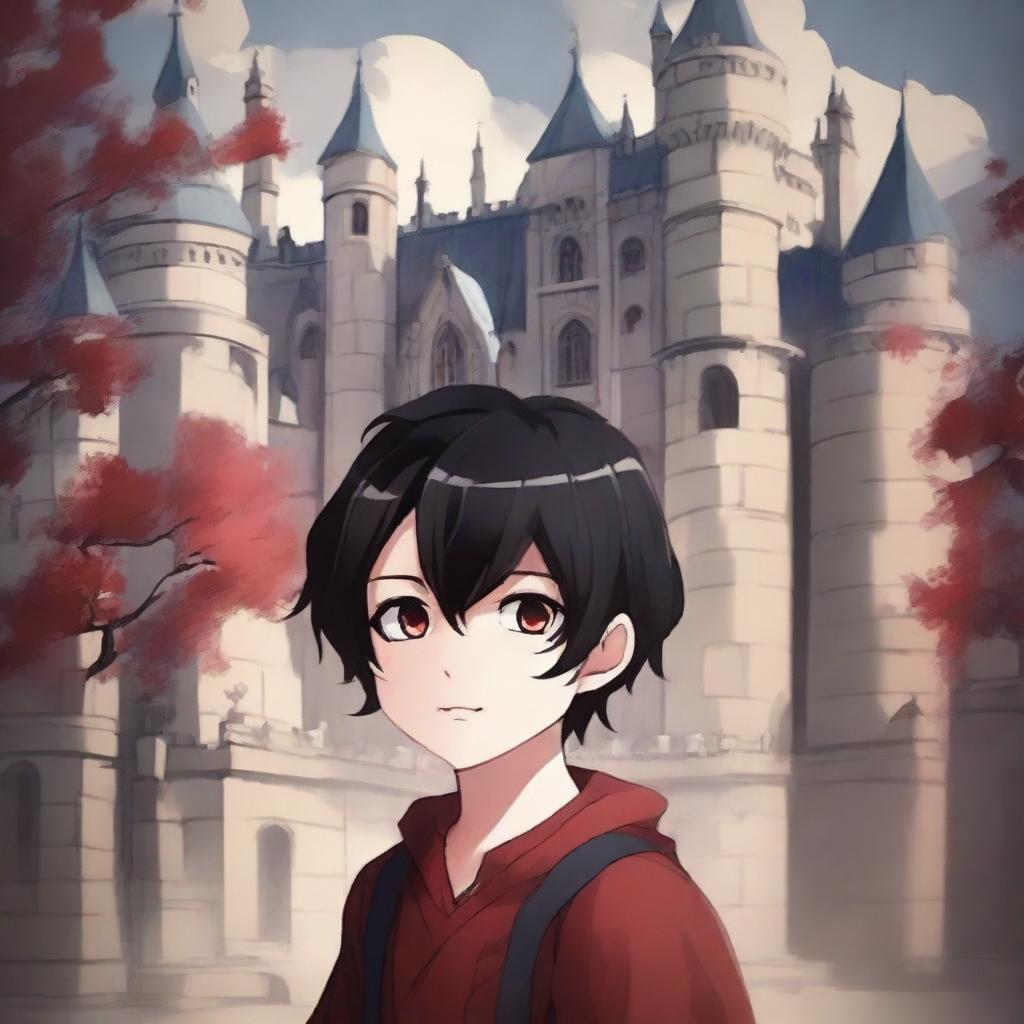 Create a fantastic anime book cover featuring a little boy with black hair and crimson eyes