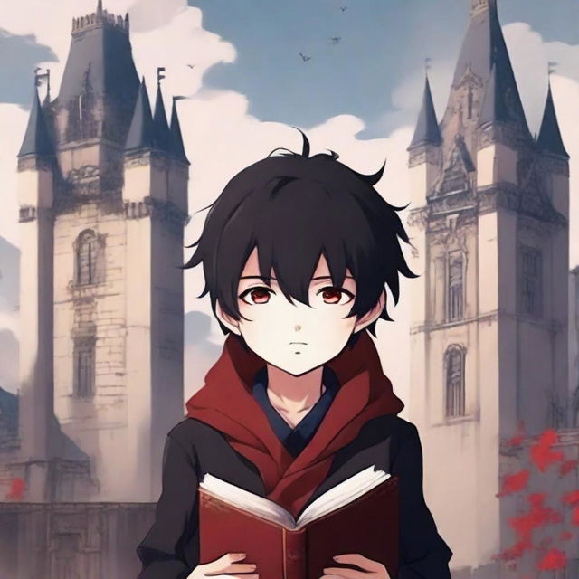 Create a fantastic anime book cover featuring a little boy with black hair and crimson eyes