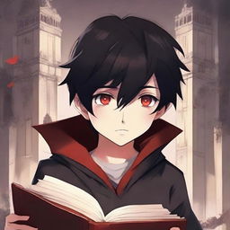 Create a fantastic anime book cover featuring a little boy with black hair and crimson eyes