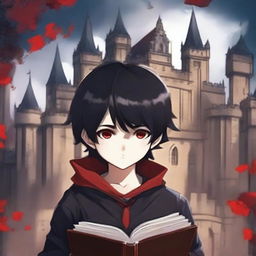 Create a fantastic anime book cover featuring a little boy with black hair and crimson eyes