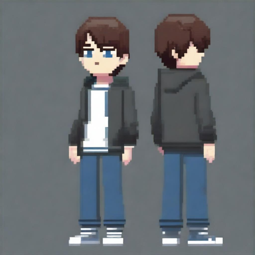 Create a pixel art character of a young man in casual clothing