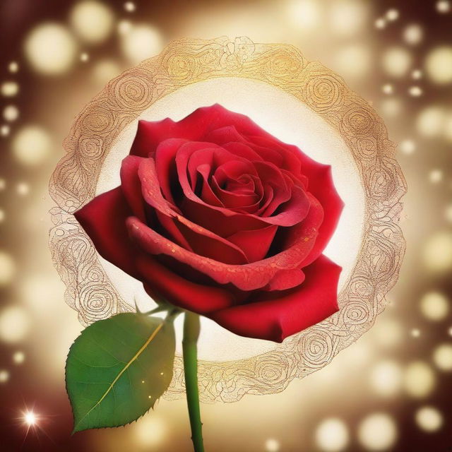 A beautiful red rose surrounded by golden sparkles, with intricate details on the petals and a soft glow emanating from the sparkles, creating a magical and enchanting atmosphere