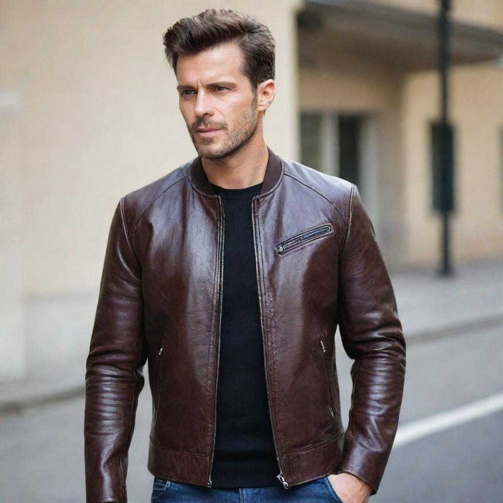 A stylish man wearing a unique leather jacket without a collar.