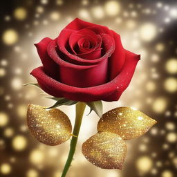 A beautiful red rose surrounded by golden sparkles, with intricate details on the petals and a soft glow emanating from the sparkles, creating a magical and enchanting atmosphere