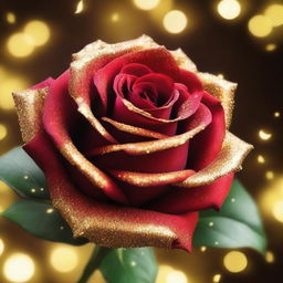 A beautiful red rose surrounded by golden sparkles, with intricate details on the petals and a soft glow emanating from the sparkles, creating a magical and enchanting atmosphere