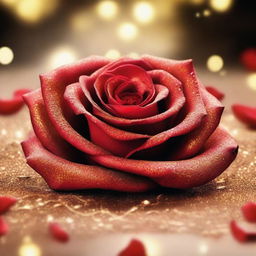 A beautiful red rose surrounded by golden sparkles, with intricate details on the petals and a soft glow emanating from the sparkles, creating a magical and enchanting atmosphere