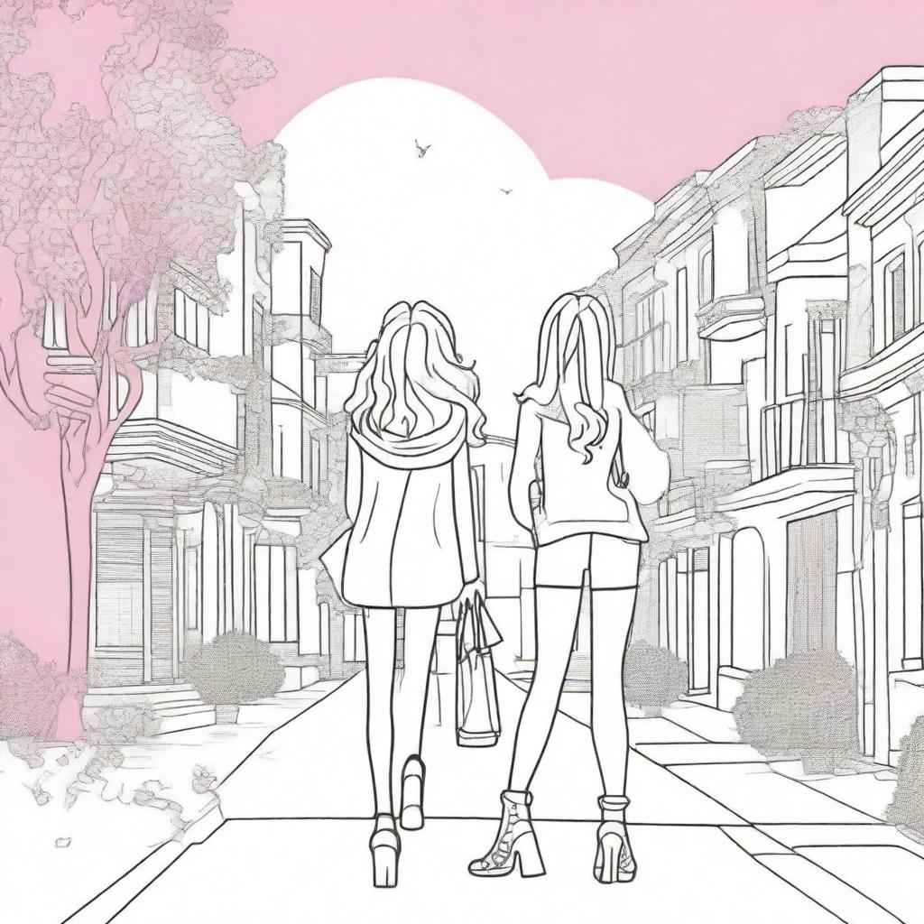 Create a coloring book cover with a whimsical streetscape featuring buildings, trees, and three young girls