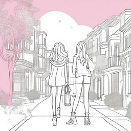 Create a coloring book cover with a whimsical streetscape featuring buildings, trees, and three young girls