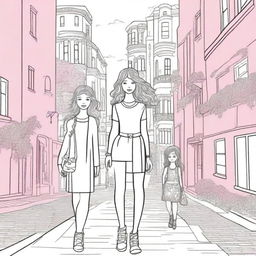 Create a coloring book cover with a whimsical streetscape featuring buildings, trees, and three young girls