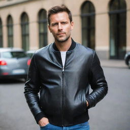 A stylish man wearing a unique leather jacket without a collar.