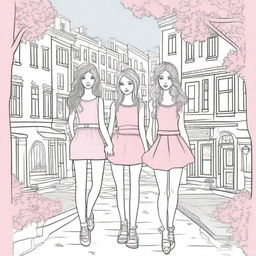 Create a coloring book cover with a whimsical streetscape featuring buildings, trees, and three young girls