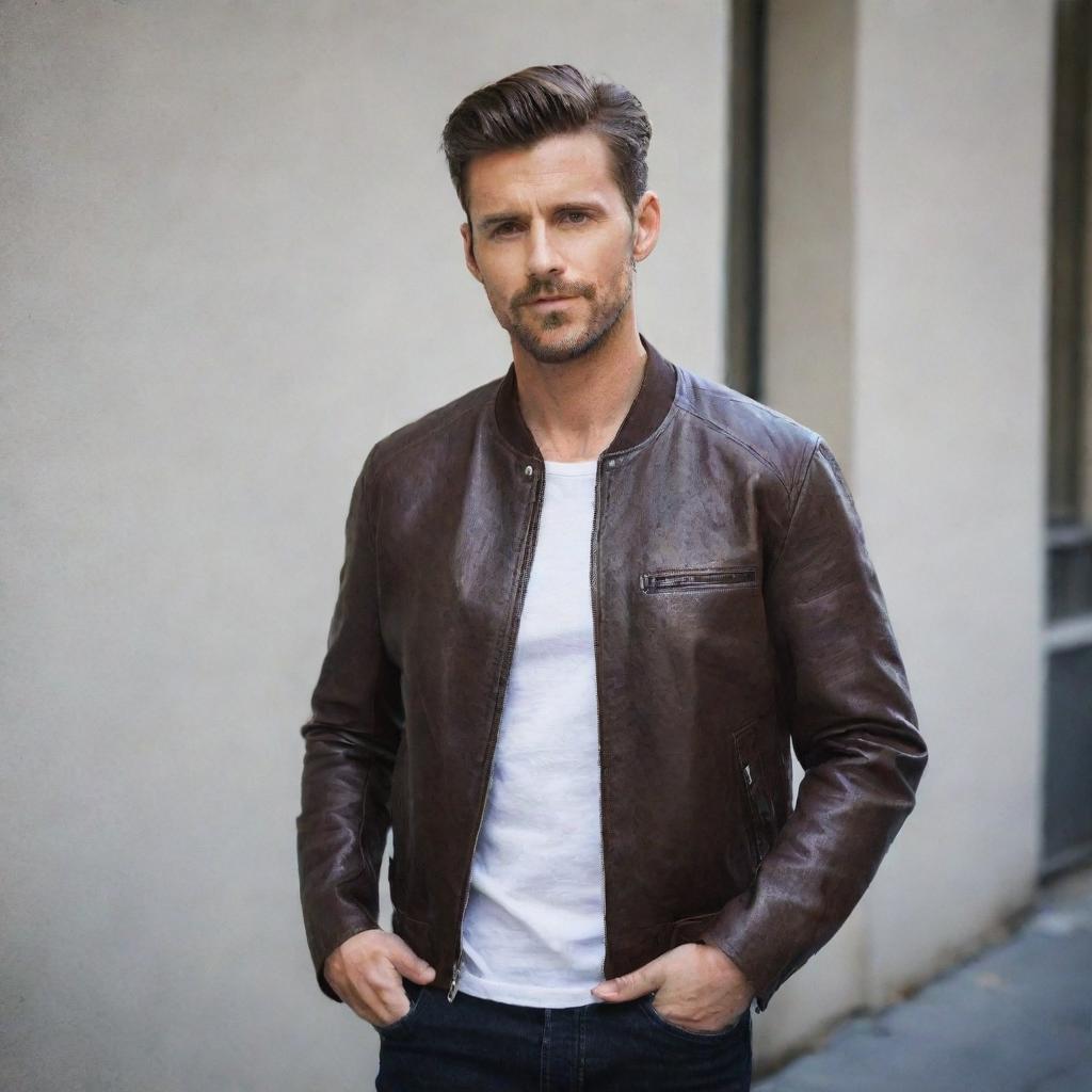 A stylish man wearing a unique leather jacket without a collar.