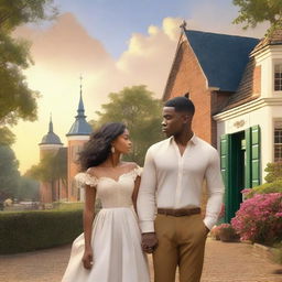 A romantic scene featuring a couple of different races in front of Dutch colonial buildings