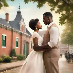 A romantic scene featuring a couple of different races in front of Dutch colonial buildings