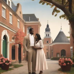 A romantic scene featuring a couple of different races in front of Dutch colonial buildings