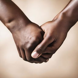 A close-up of two hands holding each other, one with darker skin and the other with lighter skin