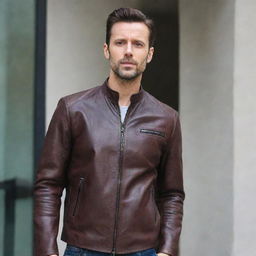 A stylish man wearing a unique leather jacket without a collar.