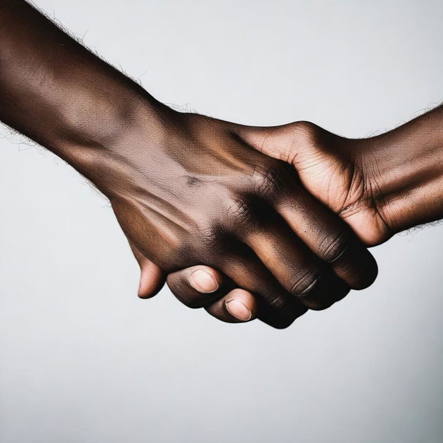 A close-up of two hands holding each other, one with darker skin and the other with lighter skin