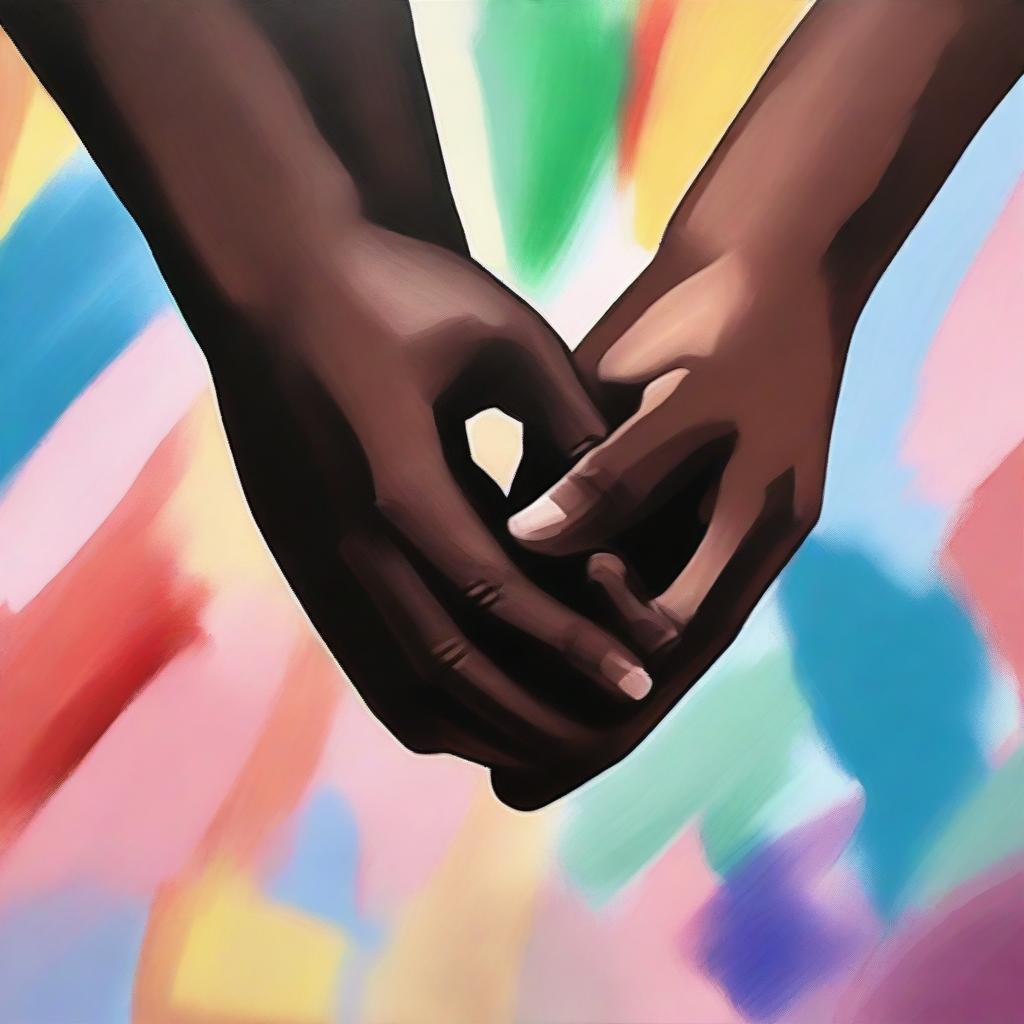 A painting of two hands holding each other, one with darker skin and the other with lighter skin