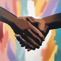 A painting of two hands holding each other, one with darker skin and the other with lighter skin