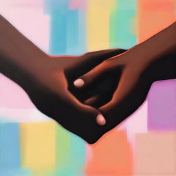 A painting of two hands holding each other, one with darker skin and the other with lighter skin