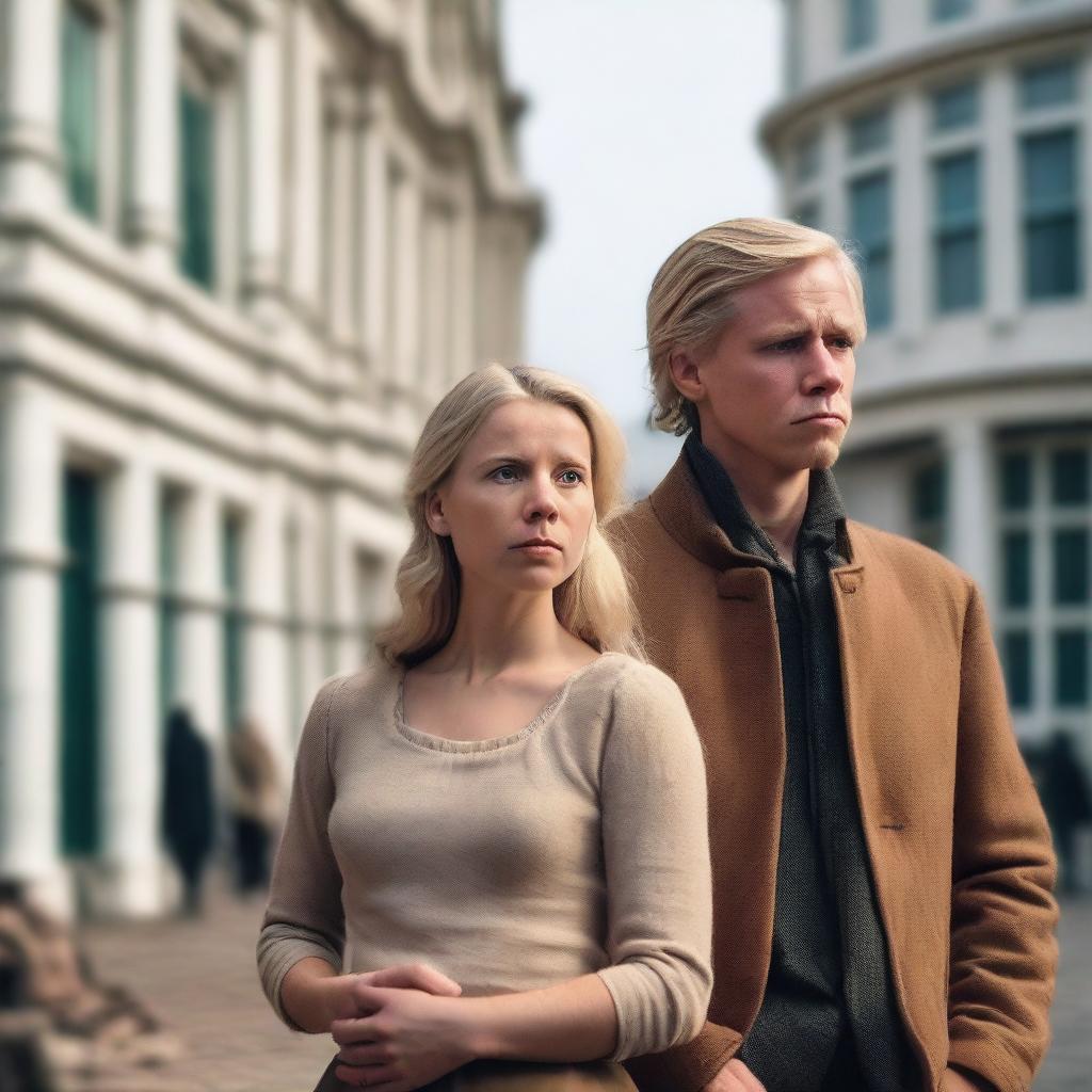 A sad blonde woman and a native man standing together in front of Dutch colonial buildings