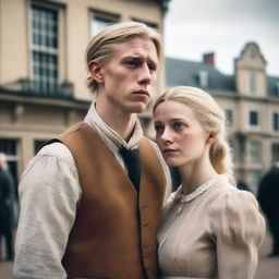 A sad blonde woman and a native man standing together in front of Dutch colonial buildings