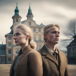 A sad blonde woman and a native man standing together in front of Dutch colonial buildings