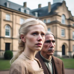 A sad blonde woman and a native man standing together in front of Dutch colonial buildings