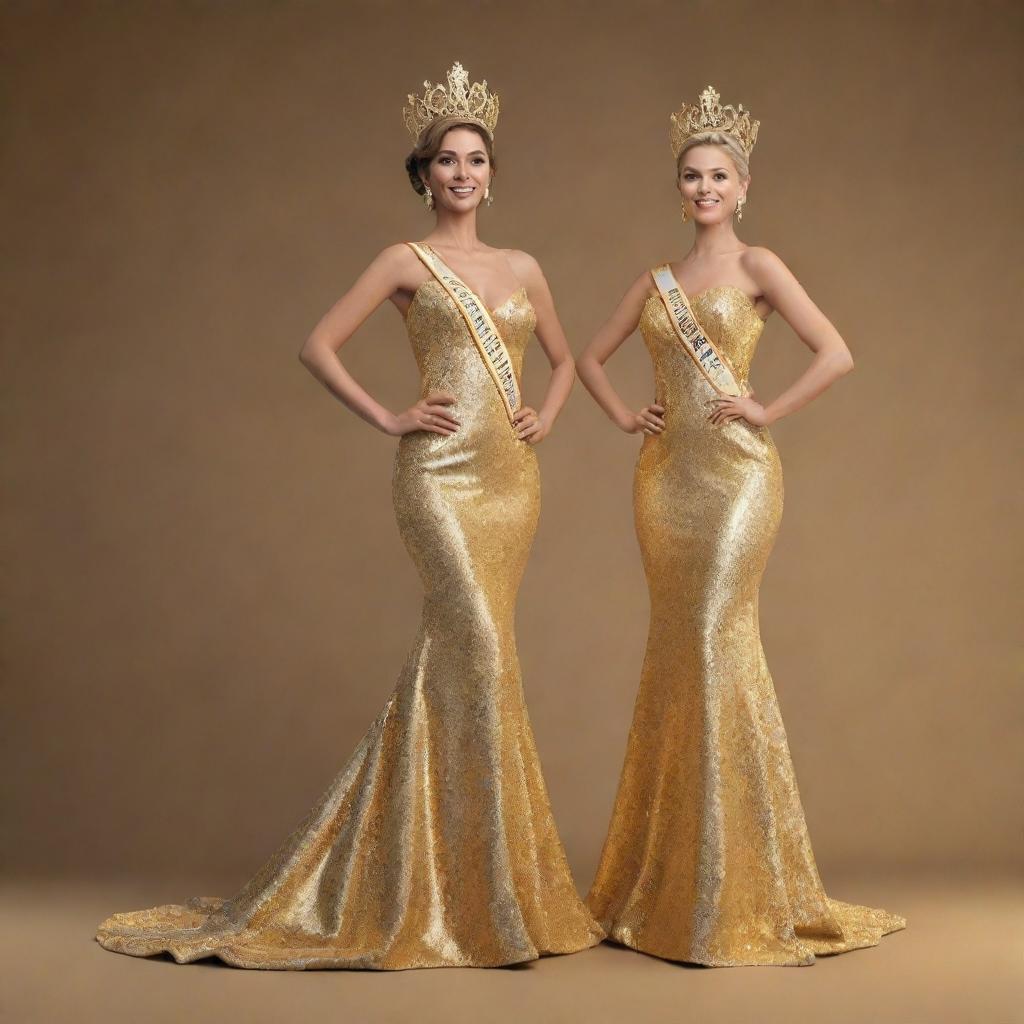 A golden 3D rendering of Mr. and Ms. Pageant winners. They stand back-to-back on a grand stage, their victorious pose immortalized in a dazzling gold hue representing their triumph.