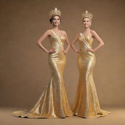 A golden 3D rendering of Mr. and Ms. Pageant winners. They stand back-to-back on a grand stage, their victorious pose immortalized in a dazzling gold hue representing their triumph.