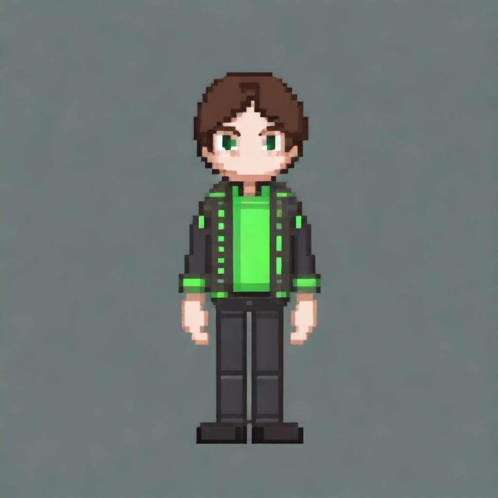 Create a pixel art character of a young man with brown hair and green eyes, wearing casual black clothing