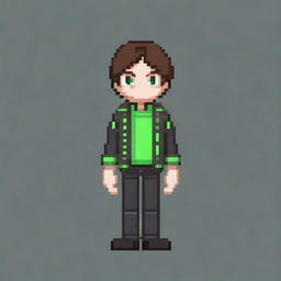 Create a pixel art character of a young man with brown hair and green eyes, wearing casual black clothing