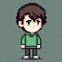 Create a pixel art character of a young man with brown hair and green eyes, wearing casual black clothing