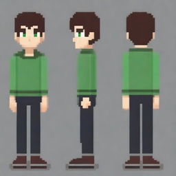 Create a pixel art character of a young man with brown hair and green eyes, wearing casual black clothing