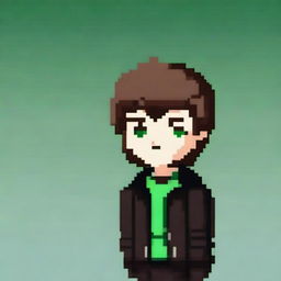 Create a pixel art character of a young man with brown hair and green eyes, wearing casual black clothing